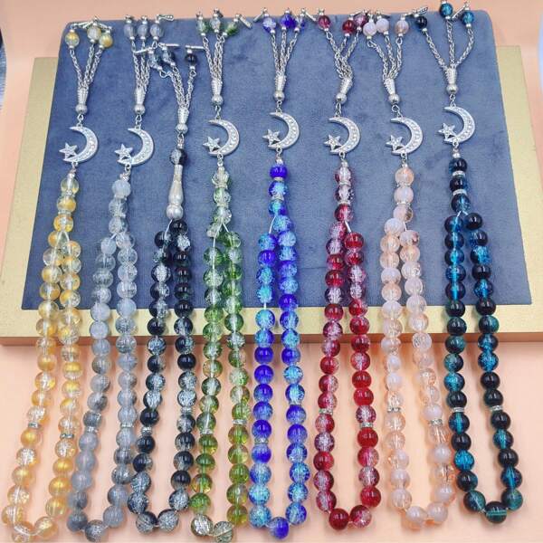 33 peças Pulseira de contas de cristal simuladas de estrela e lua masculina/Tasbih/10 mm