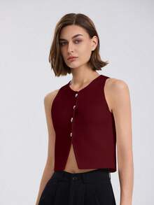Women's Solid Color Sleeveless Front Button Casual Blouse - Red - View 3