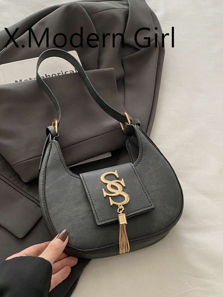 女士个性斜挎包，2024新款冬季韩版月牙包，时尚链条简约单肩包 - 黑色 - 查看 1