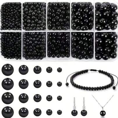 1750pcs Black Round Beads Jewelry Making Kit For DIY Necklaces, Bracelets, Earrings, Craft Making