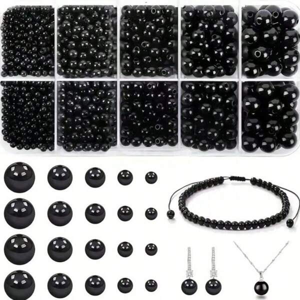 Kit de elaboración de joyería con 1750 piezas de cuentas redondas negras para hacer collares, pulseras, aretes y manualidades DIY