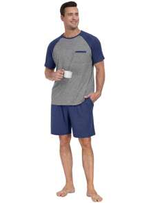 hoteel Mens Pajamas Set Shorts Pjs Lightweight Raglan Short Sleeve Crewneck T Shirts Shorts Soft Cotton Blend Sleepwear - Màu xanh hải quân - Xem 4