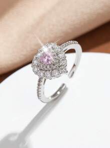 1 件时尚甜美复古风格粉红水晶心形开口戒指，精致奢华金色精致优雅女士戒指首饰