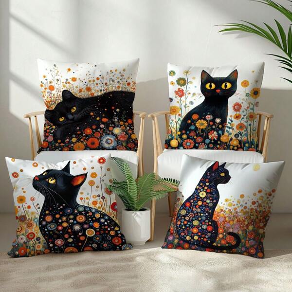 Set de 4 fundas de cojín decorativas con diseño de gato negro y flores de Klimt, hechas de tela de terciopelo suave, impresión unilateral, de 45 * 45 cm, adecuadas para sala de estar, dormitorio, sofá, decoración del hogar, regalo