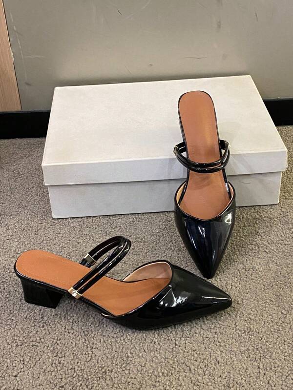 Sandalias de tacón bloque brillante con punta afilada para mujeres, estilo francés versátil sandalias de tacón medio con punta abierta, sandalias brillante negro con punta abierta y correa, diseño nuevo verano 2025, tacones altos para mujeres