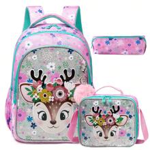 Juego de 3 mochilas con diseño de animales lindos para niñas, mochila escolar para primaria con bolso de almuerzo y estuche de lápices, el mejor regalo para niñas para viajes y actividades al aire libre