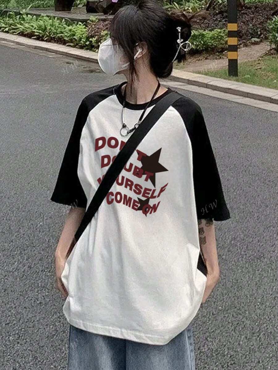 Women's Summer Casual Contrast Color Block Slogan Graphic Short Sleeve T-Shirt