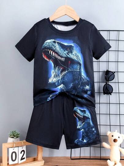 2 pièces Ensemble T-shirt à manches courtes et short imprimé dinosaure pour tout-petits garçons, col rond, élastique, polyester, convient pour l'été, casual et usage quotidien
