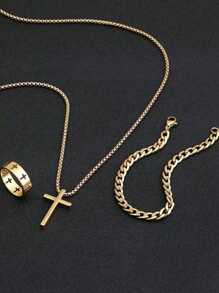 3 piezas Set de joyas para hombre, collar de cruz, pulsera, anillo de cruce, adecuado para uso diario decorativo