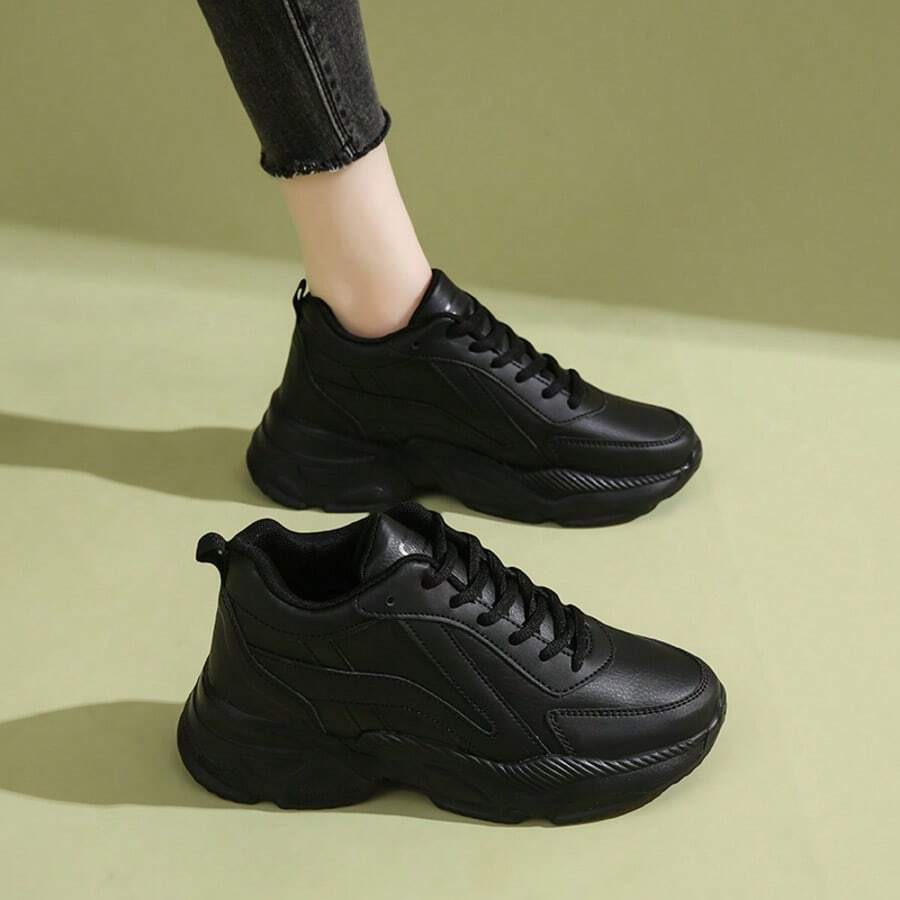 Spring Women Mid-Top Chunky Sneakers, Anti-Slip Women's Chunky Sneakers, Thick Sole Women Casual Sport Shoes, Versatile Fashionable Women Shoes - Black - View 1
