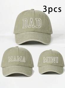 3pcs Embroidered "Mama + Dad + Mini" Matching Washed Baseball Caps, Adjustable Outdoor Sun Protection Casual Hats For Boys & Girls, Suitable For Spring, Autumn, Travel, Beach