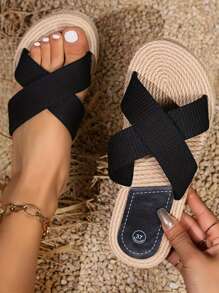 Sandalias blancas sólidas y cómodas para mujer, sandalias ligeras de verano con tira cruzada de slip-on, sandalias de playa antideslizantes para vacaciones
