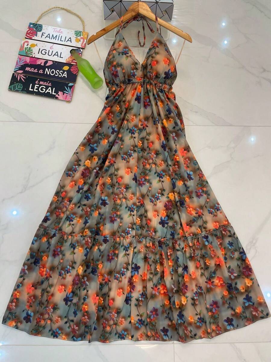Long Dresses With 3D Print, Multicolored, New Model With Tie At The Back, Bare Back - trái cam - Xem 1
