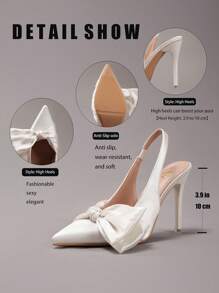 Giày sandal cao gót nơ cho nữ, giày cao gót mũi nhọn gợi cảm màu trắng satin thời trang, giày dự tiệc thanh lịch, giày bít mũi nữ, trang phục cưới sang trọng. - trắng - Xem 2