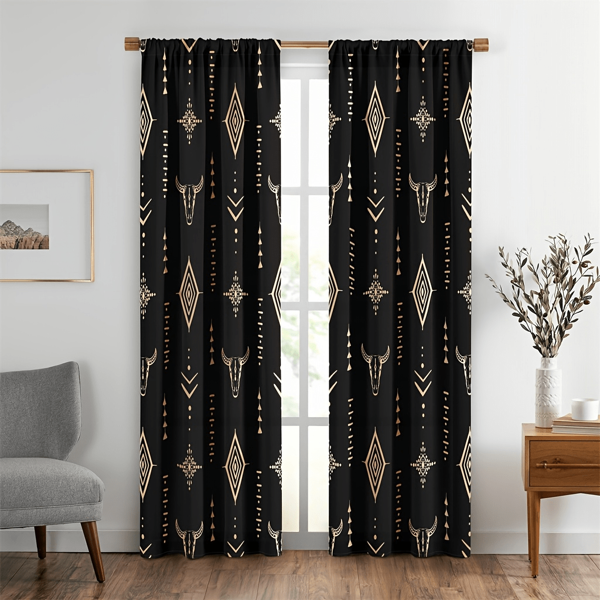 1 set/2 pièces Rideaux occidentaux, rétro rustique Crâne de bœuf Southwest Fermhouse Rural Cowboy Boho Beige Traitement de fenêtre occidentale pour chambre à coucher salle de séjour cuisine
