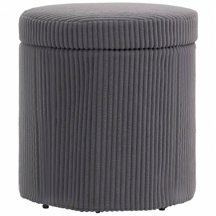 HOMCOM 40cm Round Storage Ottoman, Corduroy Footstool With Removable Lid And Legs, Vanity Stool For Living Room, Bedroom - Grey - View 1