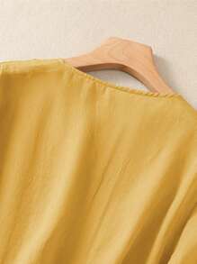 Blusa de mujer de estilo vintage, de color liso, de viscosa y encaje, de peso ligero, para primavera/verano - Amarillo - Ver 4