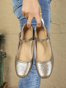 Women's Square Toe Casual Comfortable Diamond Buckle Chunky Heel Soft Bottom Work Shoes - Bronze - View 6