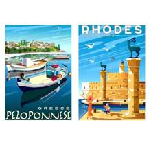 2pcs No Frame Modern Travel Wall Arts Posters Travel To Greece Athens Rhodes Island Wall Art Canvas,Provence Nice France Painting And Japan Beach City Summer Hiroshi Nagai Vaporwave PrintsVintage Posters Fishing Boats Seascape Home Room Decoration Nordic Wall Pictures Living Room Decor Gifts Birthday Graduation