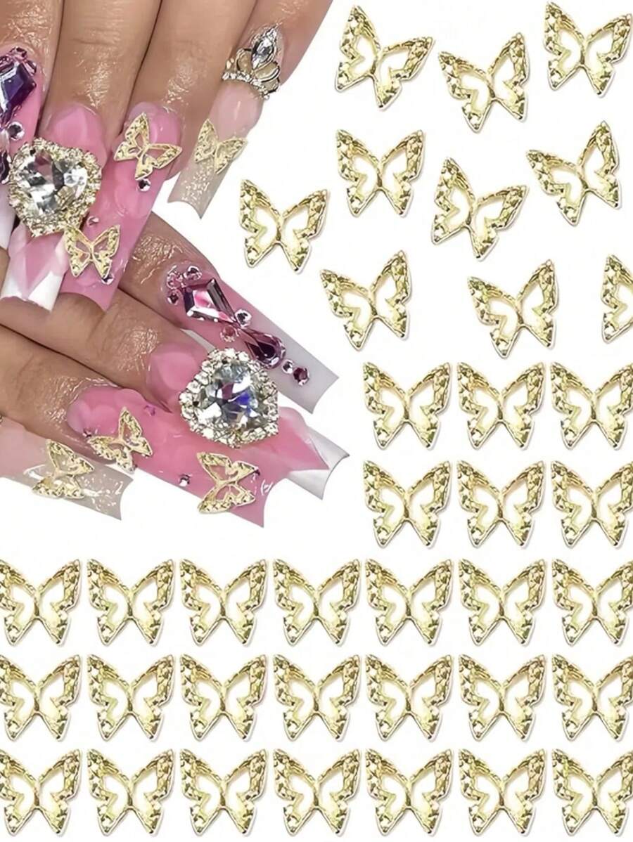 100 件金色蝴蝶指甲饰物，银色指甲蝴蝶饰物|金色蝴蝶指甲饰物，金属合金 3D 丙烯酸指甲饰物 - 金色 - 查看 1