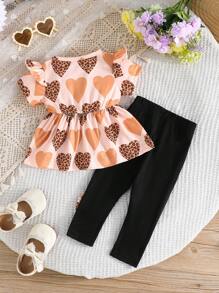 Baby Girls Summer Short Sleeve Ruffle Shoulder Hearts Print Round Neck Top + Bow Embroidery Long Pants Casual 2 Pieces Set - Apricot - View 2