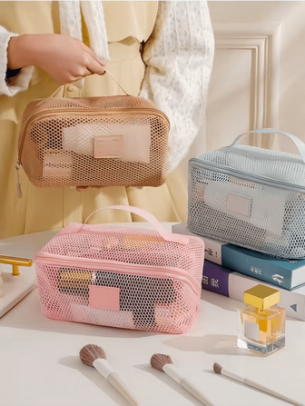 1 Piece Large Capacity Macaron Color Fresh Style High Quality Textured Multifunctional Mesh Cosmetic Storage Bag