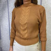 Women's Knitted Blouse With Puff Sleeves, Round Neck, Soft Braid, Winter - Camel - Ver 3