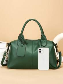 新款复古PU皮女士手提包，时尚拉链单肩包，配可拆卸肩带，女士工作旅行二合一包，灰色、黑色、绿色