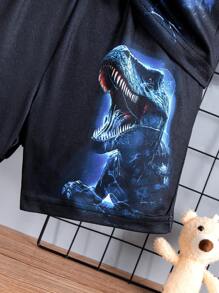 2 件装幼儿男童恐龙印花短袖 T 恤和短裤套装，圆领，松紧带，涤纶，适合夏季休闲和日常穿着 - 黑色 - 查看 4