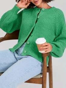 Plus Size Women's Sweater Cardigan Loose Solid Color Crew Neck Long Sleeve Button Down Knit Tops For Fall Winter - Green - View 6