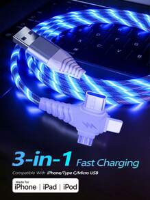 Câble de chargeur de téléphone lumineux, câble de chargement multicolore à LED RVB avec éclairage progressif, câble de chargement rapide USB C, câble chargeur universel 3 en 1 adaptateur micro USB Type-C 1 m / 2 m
