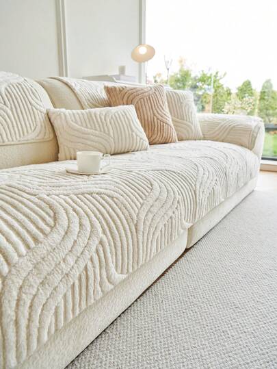 1pc Bohemian Style Solid Color Fuzzy Sofa Cover - Quilted Craft, Anti-Slip, Suitable For All Seasons, Easy To Care, Machine Washable, Pet-Friendly, Soft And Comfortable - Perfect For Living Room, Bedroom, Office Home Decor, Sofa Protection For Single To 3-Seater Combinations.