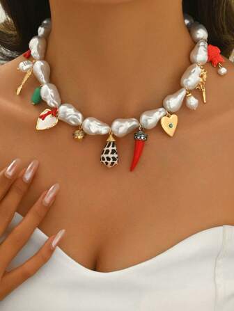 1pc Fashionable Faux Pearl Ocean Life Heart & Chili Pepper Necklace For Women, Party, Holiday, Beach, Wedding, Versatile Summer Accessory