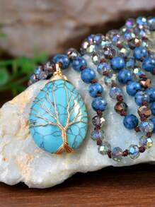 Handmade Bohemian Style Long Necklace With Exquisite Turquoise Wrapped Pendant, Vintage Blue Dotted Knotted Beaded Hanging Chain, Suitable As A Gift For Women On Thanksgiving - Multicolor - View 4