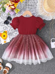 Zomermeisjes Sweet Lady Puff Sleeves Strik Pailletten Mesh Feestjurkje