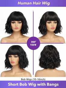 Perucas Bob de Onda Solta com Franja, Cabelo Humano Sem Renda Frontal, Perucas Bob de Onda Natural,10-16 Polegadas, Perucas Bob Curtas com Franja, Perucas Feitas à Máquina Sem Cola, Densidade de 150%, Cabelo Humano Natural Preto para Mulheres