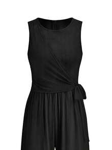 Mono informal con cuello redondo y amarre, empalmado de pierna ancha, para primavera/verano