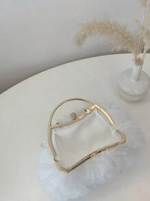 2025 春夏新品白色浪漫婚礼季 1 件白色网眼荷叶边流苏扣水钻装饰手提包，高端女士奢华礼服晚宴包，新娘婚礼派对手拿包 - 白色 - 查看 10