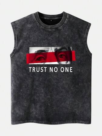 Shwiy Men's Vintage Washed Sleeveless Tank Top, Simple Letter & Figure Print Design, Casual For Daily Wear And Street Fashion, Suitable For Spring/Summer