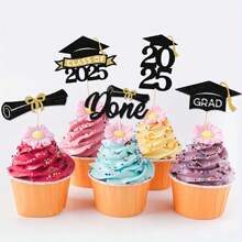 24 件 2025 毕业杯蛋糕装饰 - 闪亮的黑色和金色设计，配有帽子和卷轴，优雅的竹签，适合毕业派对甜点，用于高级毕业派对装饰