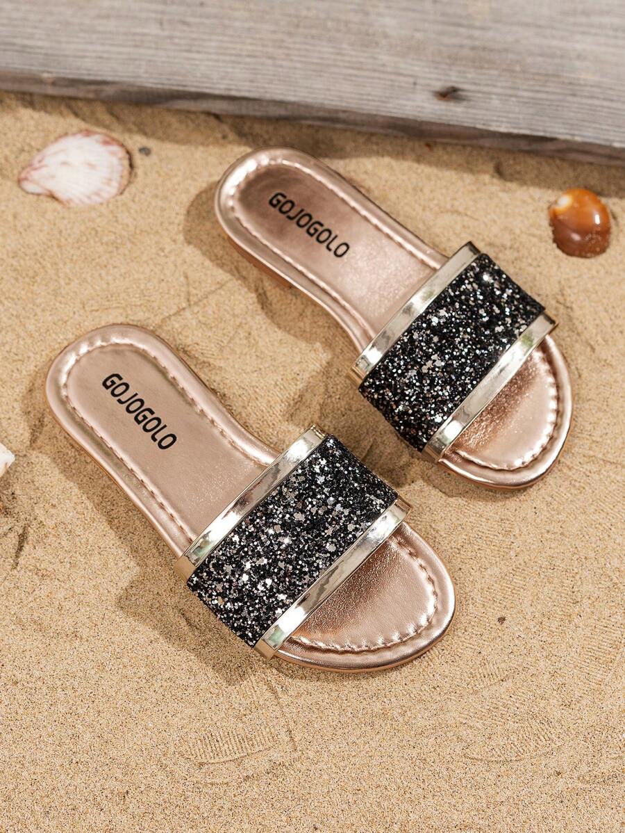1 双女孩玫瑰金闪光和金属装饰露趾凉鞋，合成皮革鞋面，橡胶防滑鞋底，时尚平底拖鞋适合海滩、夏季日常穿着 - 黑色 - 查看 1