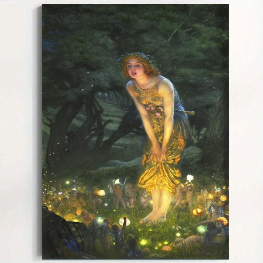 Framed  Midsummer Eve Edward Robert Hughes 1908 Posters And Prints, Vintage Girl Portrait Wall Art Canvas Picture, Fairy Wall Paintings, For Bathroom Bedroom Office Living Room Gothic Home Wall Decor, - Framed - View 1