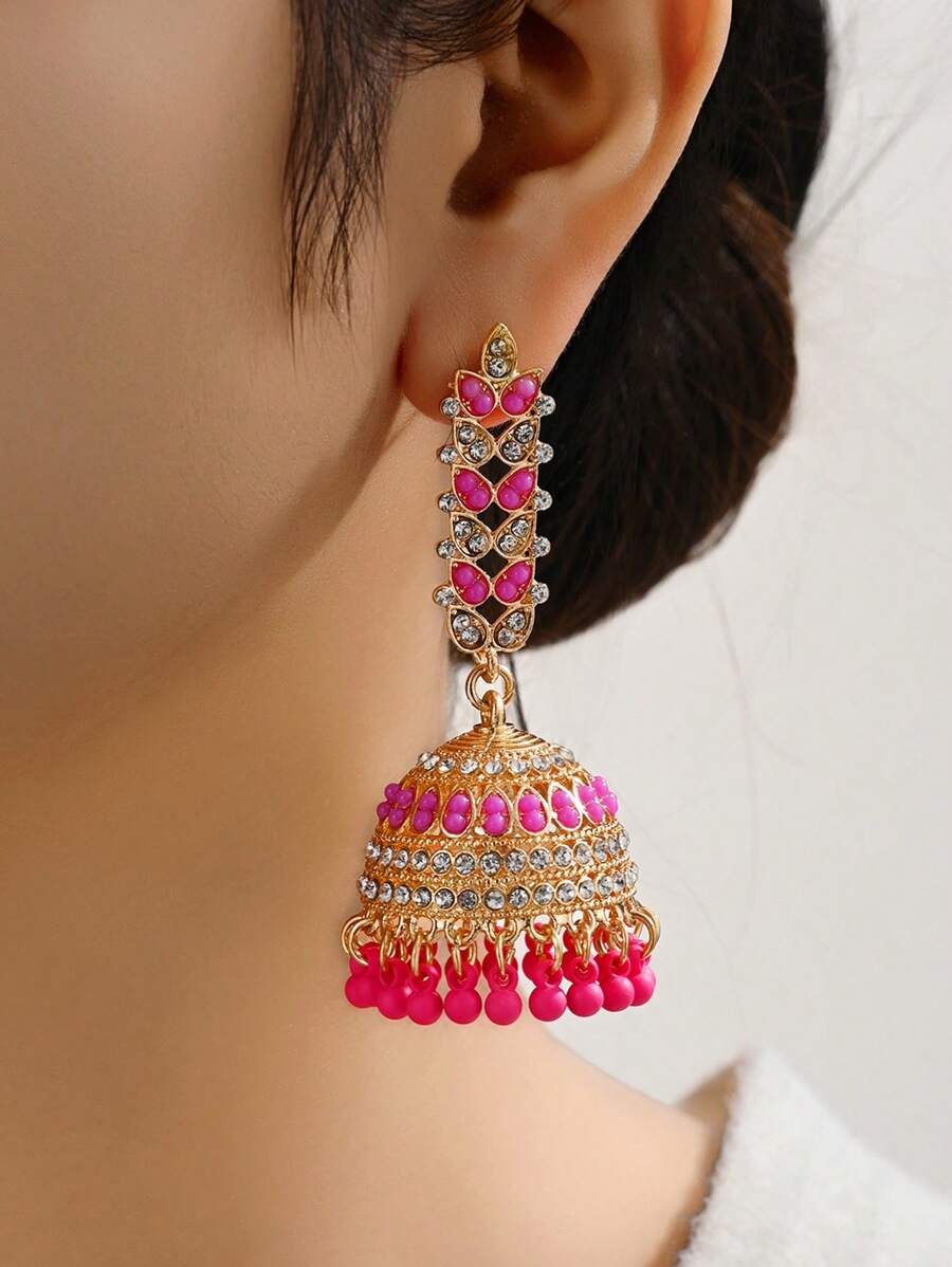 1 par de Pendientes con Cubic Zirconia y Rhinestone de estilo bohemio, adornados con cuentas y flecos, joyería para los oídos adecuada para uso diario de mujeres, bodas, fiestas y regalos de festivales