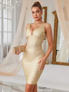 Vestido ajustado de fiesta con escote en V profundo, brillo metálico y envolvente ajustado, vestido de cóctel para invitados de boda