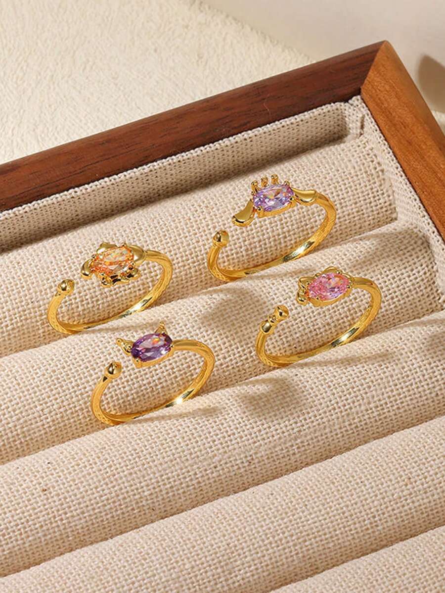 女士可爱耳朵、兔子和蝴蝶结不锈钢戒指，紫色方晶锆石 18K 镀金防褪色可调节戒指，魅力金首饰派对度假配饰，送给女儿/妈妈/最好的朋友的纪念礼物 - 不銹鋼 - 查看 1