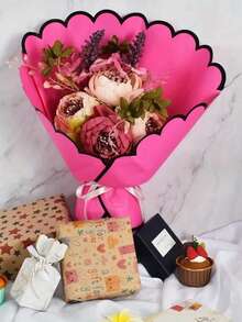 10 piezas de papel de envoltura floral impermeable de color rosa brillante - Papel de envoltura de ramo con forma de pétalo mate impreso con la cita inspiradora "Siempre a tu lado, atesora y protege", adecuado para bodas, cumpleaños, graduaciones y ocasiones especiales - Multicolor - Ver 3