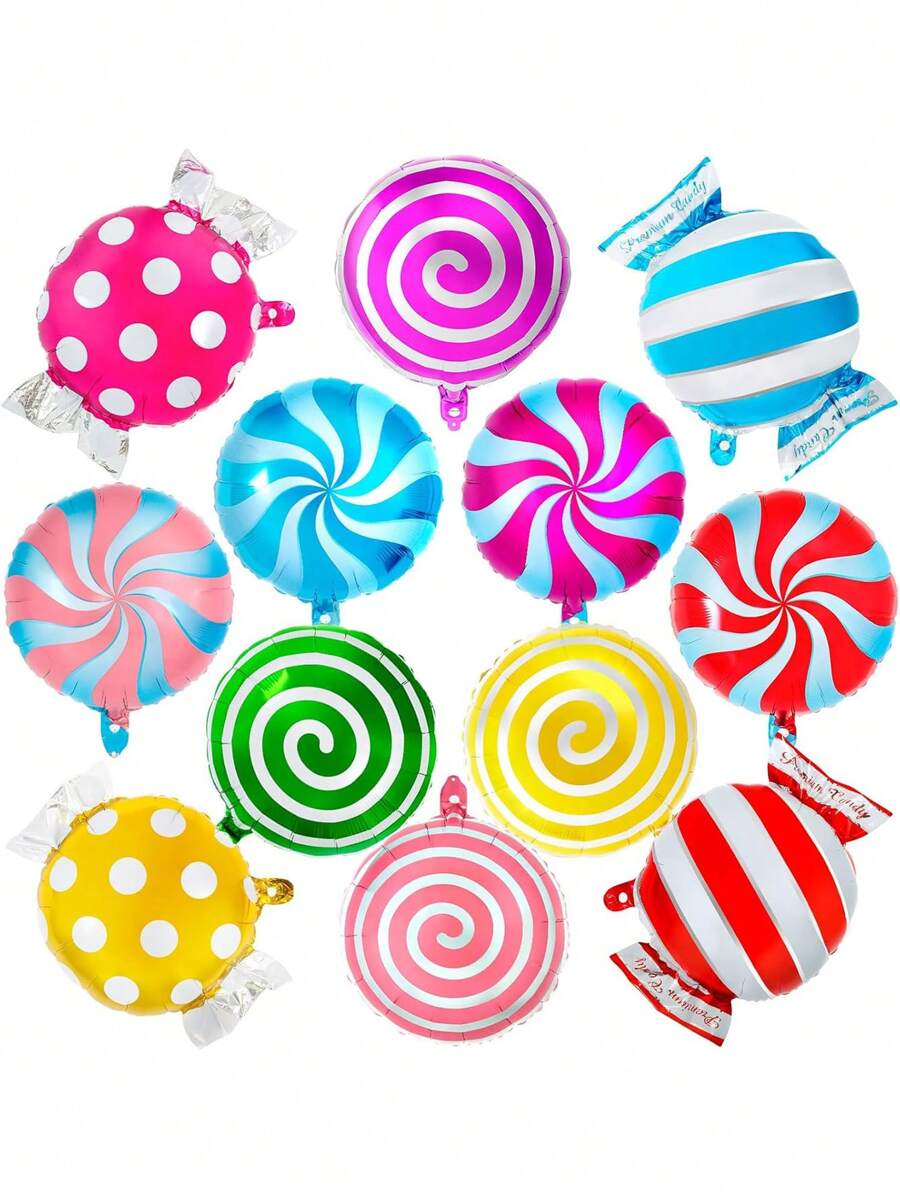 12 Pcs Sweet Candy Balloon Set,18 Inch Candies Mylar Foil Balloons,Round Lollipop Balloon,Candy Themed Party Decorations For Birthday Party Supplies