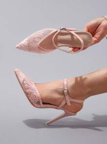 Women's Pink Lace Patchwork High Heel Shoes, Hollow Out Breathable Sexy Pointed Toe Fashion Party Wedding Bridesmaid Thin High Heel Sandals