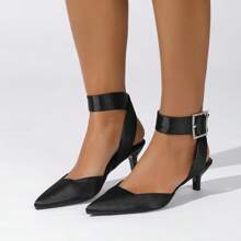 Große Größen Damen Lässige Spitze Zeh Schnallen Dekor Stilettos Schwarz Hohe Absatz Sandalen, vielseitig für EU & US Markt
