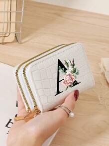 Portacarteras de mujer con textura de cocodrilo y piedra, con múltiples ranuras para tarjetas, bolsillo con cierre de doble cremallera para monedas y ventana para identificación - Impresión personalizada con letra del alfabeto A-Z, diseño de hojas verdes y flores rosas, organizador de tarjetas portátil y funcional para tarjetas de crédito